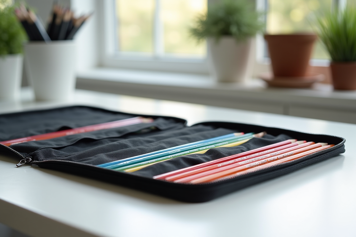 Arteza 72-color professional colored pencil set in zippered fabric case open on a desk