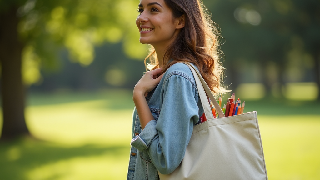 photograph of woman carrying coloring supplies at a park