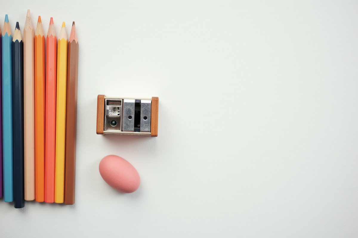 photograph of coloring tools for fixing mistakes: eraser, blender pencil, sharpener