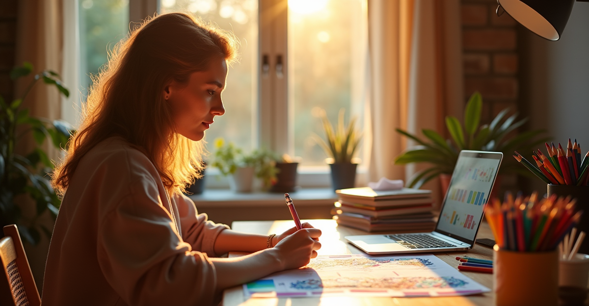 Woman at sunlit desk with colored pencils and coloring book