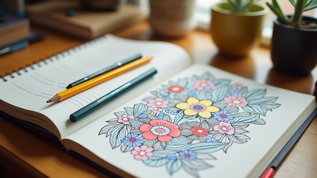 Open journal next to a finished coloring page with colored pencils