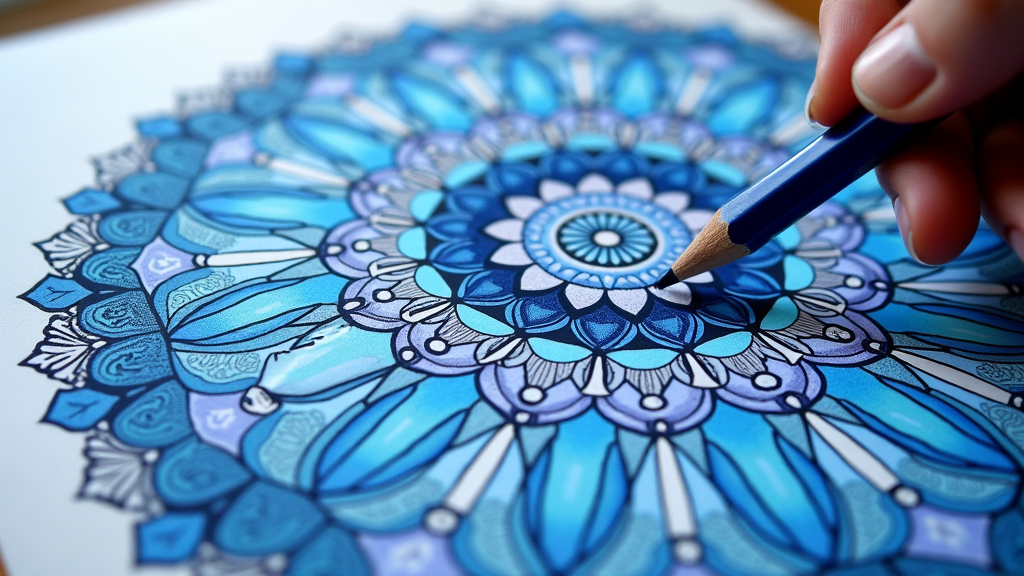 Coloring book page filled in monochrome blue shades showing creative constraint
