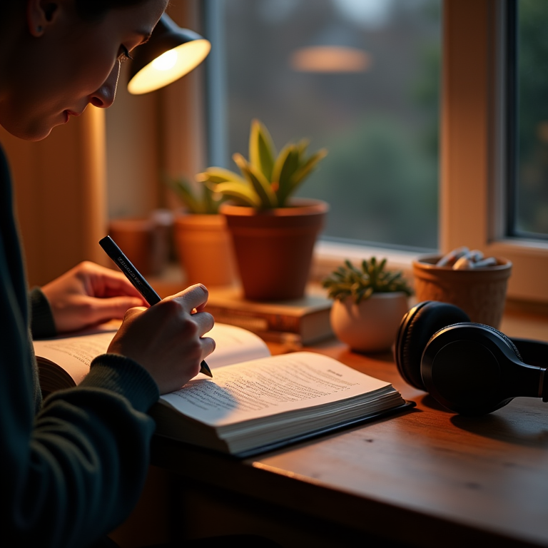 Hands coloring in a book with headphones on desk in warm ambient light