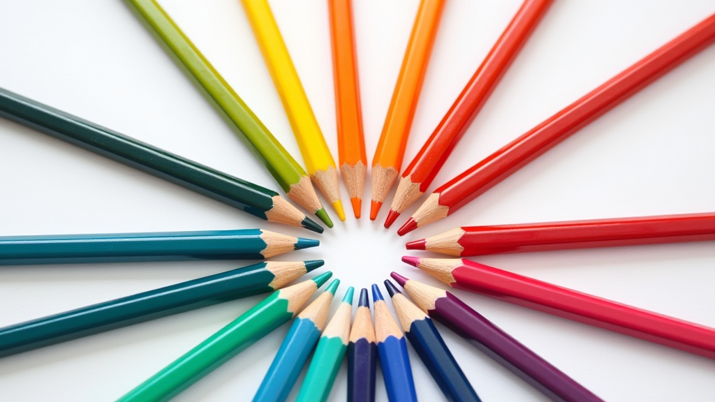 Colored pencils arranged in a color wheel pattern on a white surface