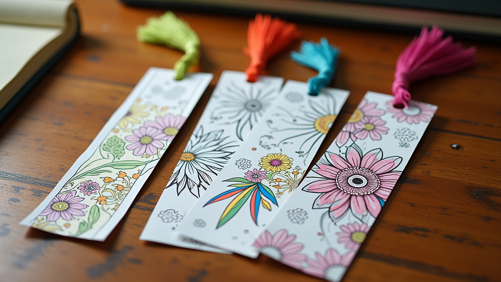 Laminated bookmarks made from coloring book pages with decorative tassels