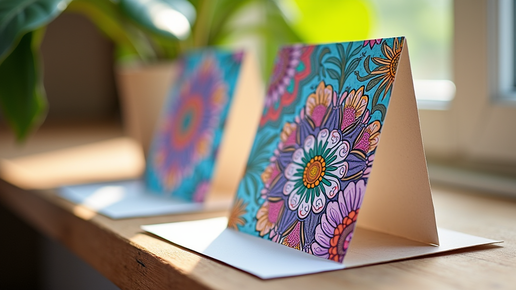 Handmade greeting cards made from colored adult coloring book pages