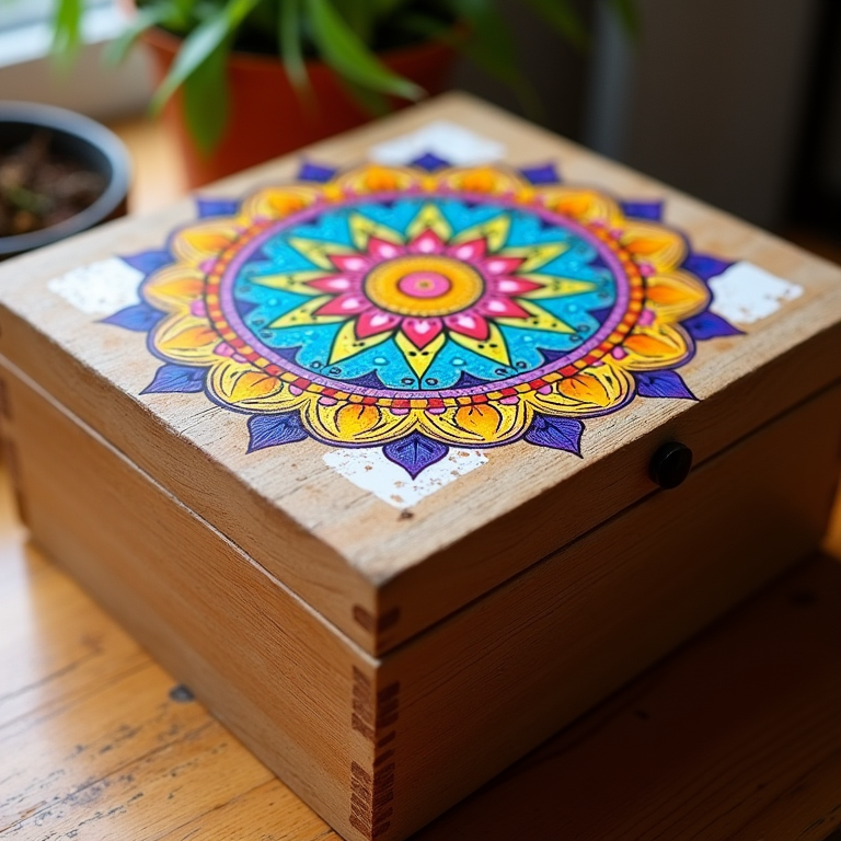Wooden box decorated with decoupaged coloring page mandala art