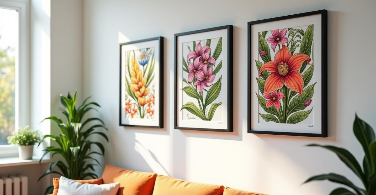 Framed coloring pages hanging on white gallery wall