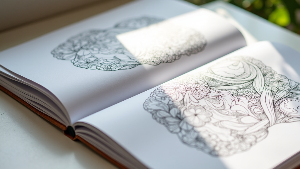 Open portfolio book displaying finished coloring pages in clean sleeves