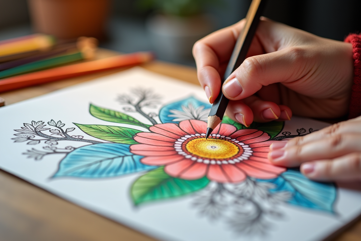 Hands coloring detailed pattern in adult coloring book with colored pencils
