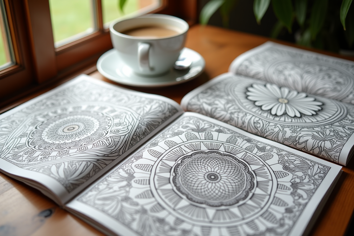 Close-up detail of colored pencil work on intricate coloring page