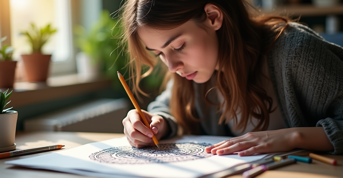 Open adult coloring book with intricate mandala design on wooden desk