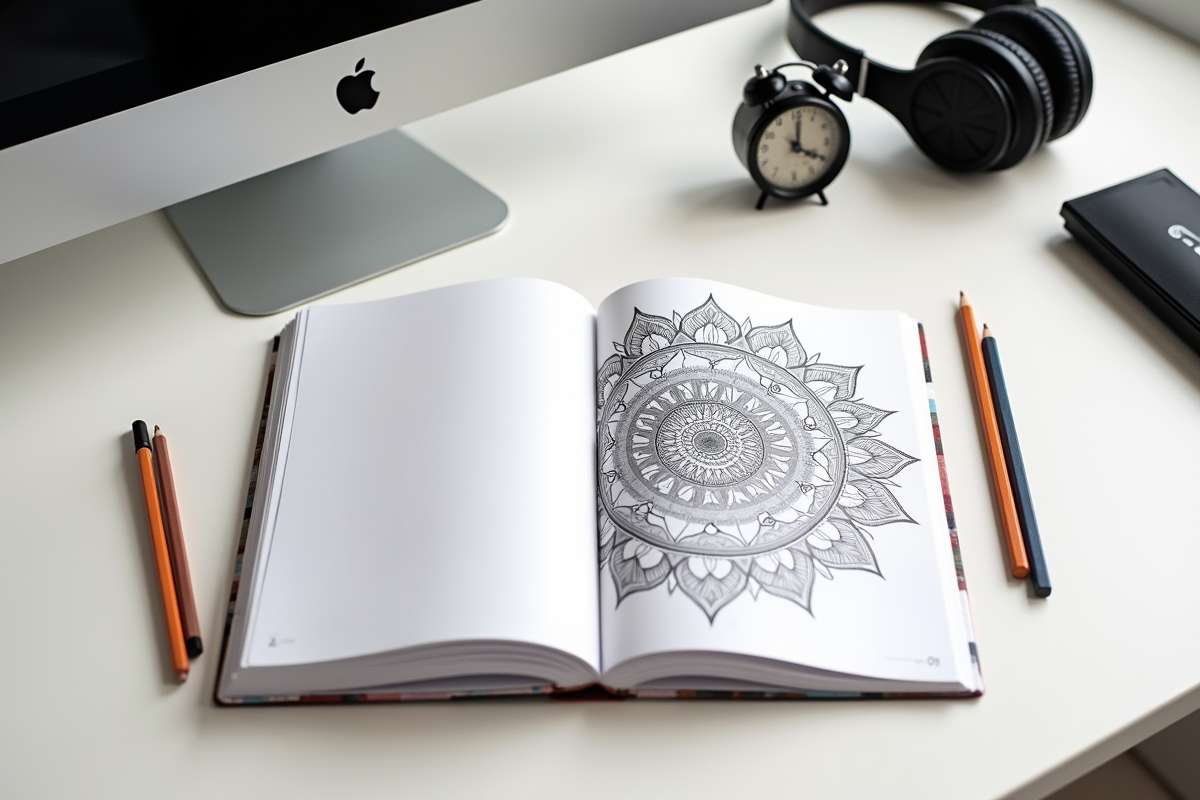 Coloring workspace setup with adult coloring book and organized colored pencils