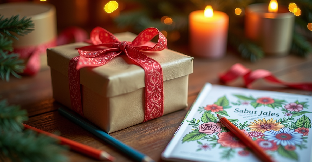 Beautifully wrapped gift box surrounded by premium colored pencils and an adult coloring book on a rustic wooden table, warm golden light, festive atmosphere
