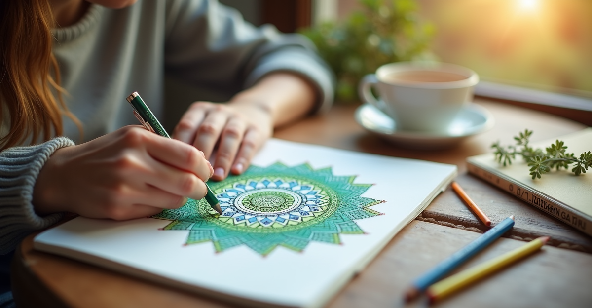 Hands gently coloring a mandala with colored pencils on a wooden table, warm morning light, peaceful and calming atmosphere
