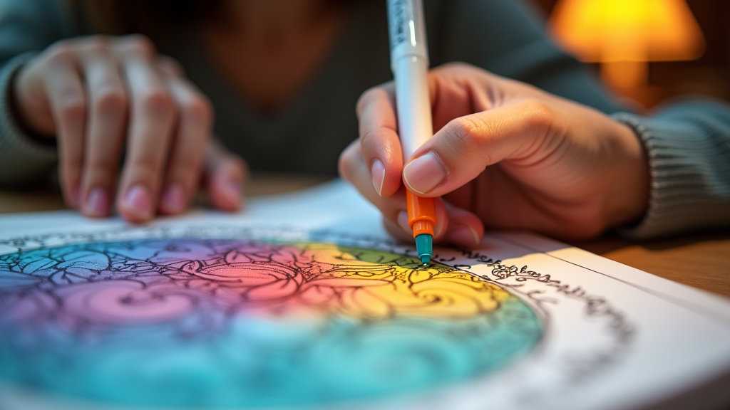 Hands blending alcohol markers on a coloring book page with smooth gradient transition