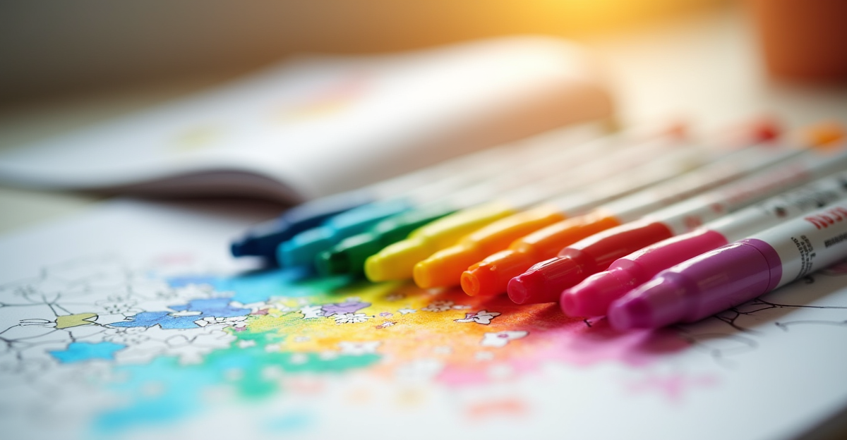 Colorful alcohol markers spread on desk with coloring book