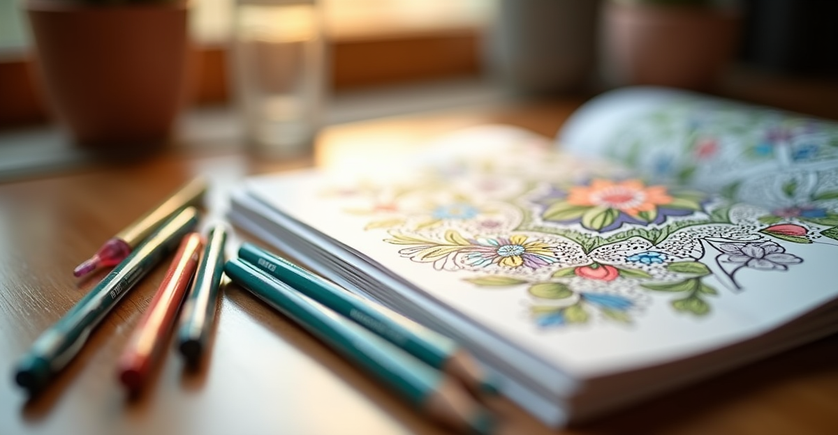 Markers and colored pencils side by side on a wooden desk next to an open coloring book