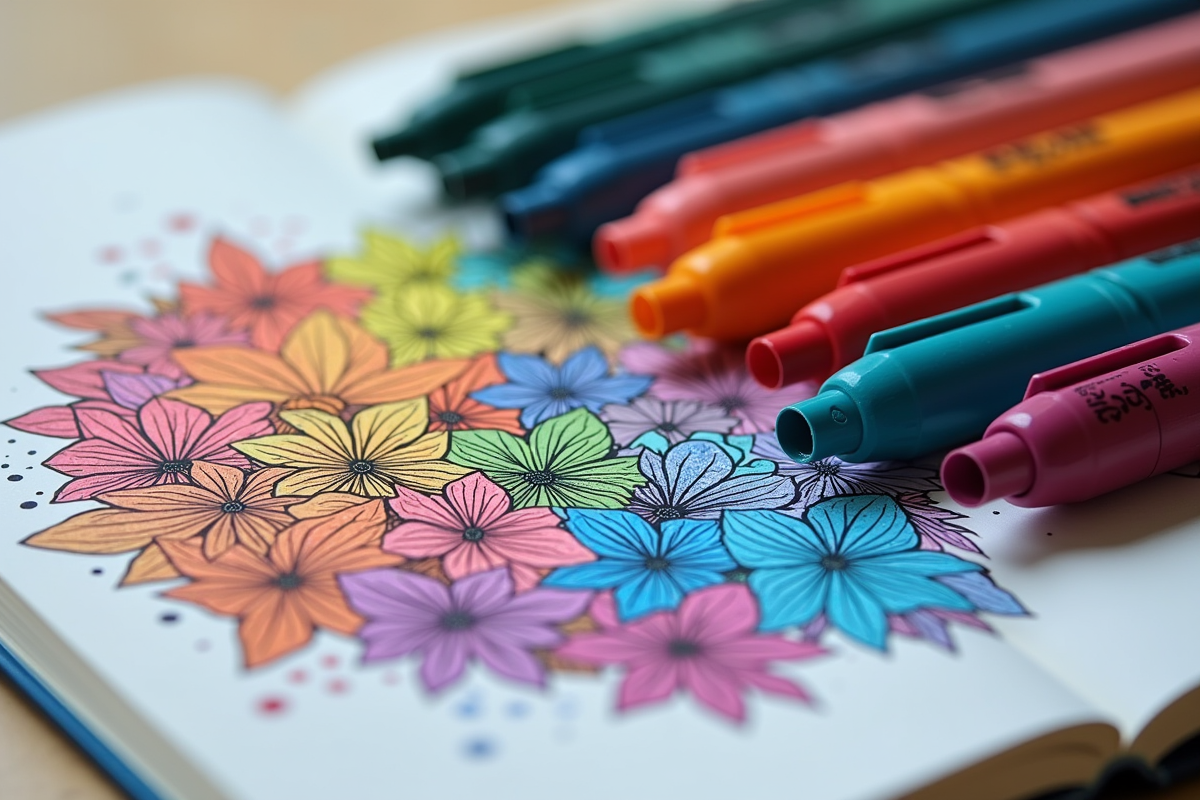 Markers coloring a detailed page with vibrant saturated colors