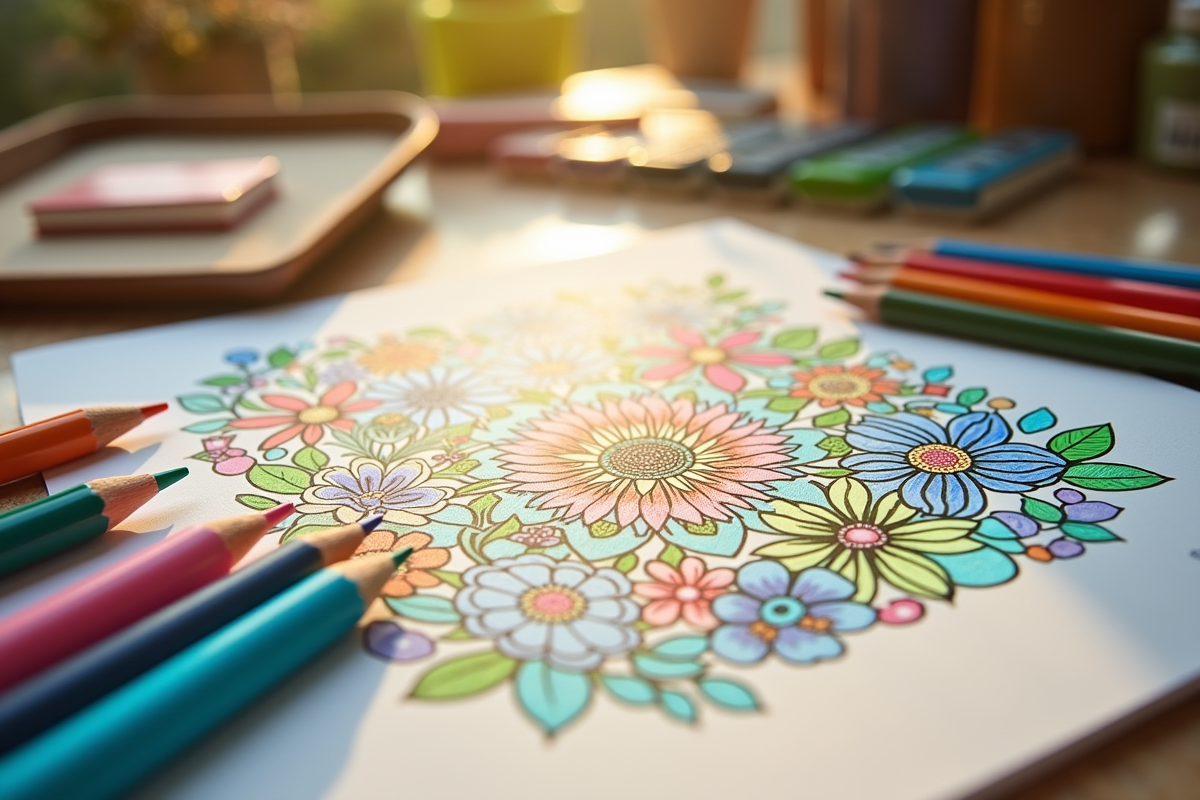 Both markers and colored pencils arranged together on a craft desk with a half-completed coloring page