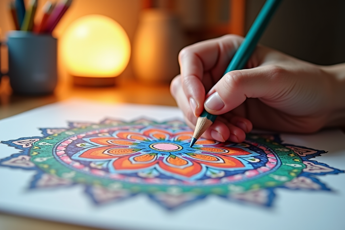 Colored pencils filling in a mandala coloring page with smooth even coverage
