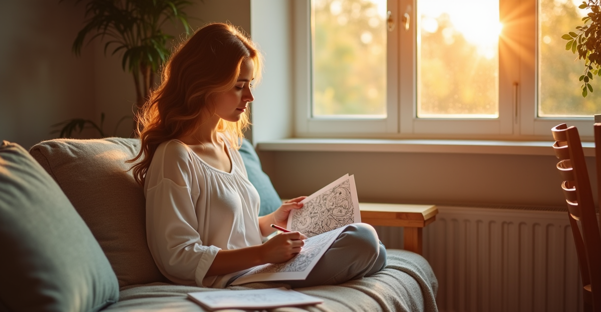 Woman sitting peacefully with coloring book and pencils in a sunlit corner, warm golden hour light
