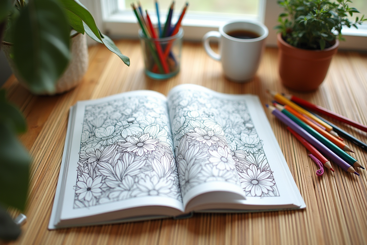Coloring supplies arranged neatly on a bamboo mat with Secret Garden coloring book and colored pencils