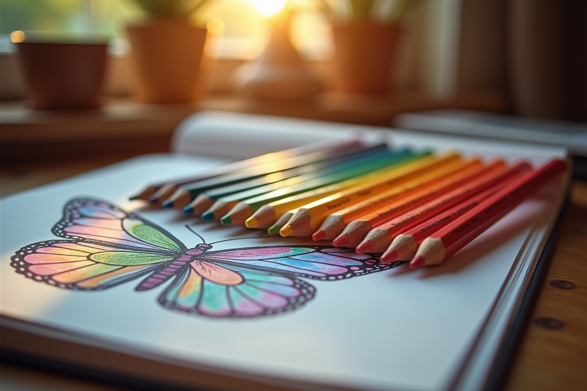 Colored pencils arranged in a rainbow gradient on an open nature coloring book