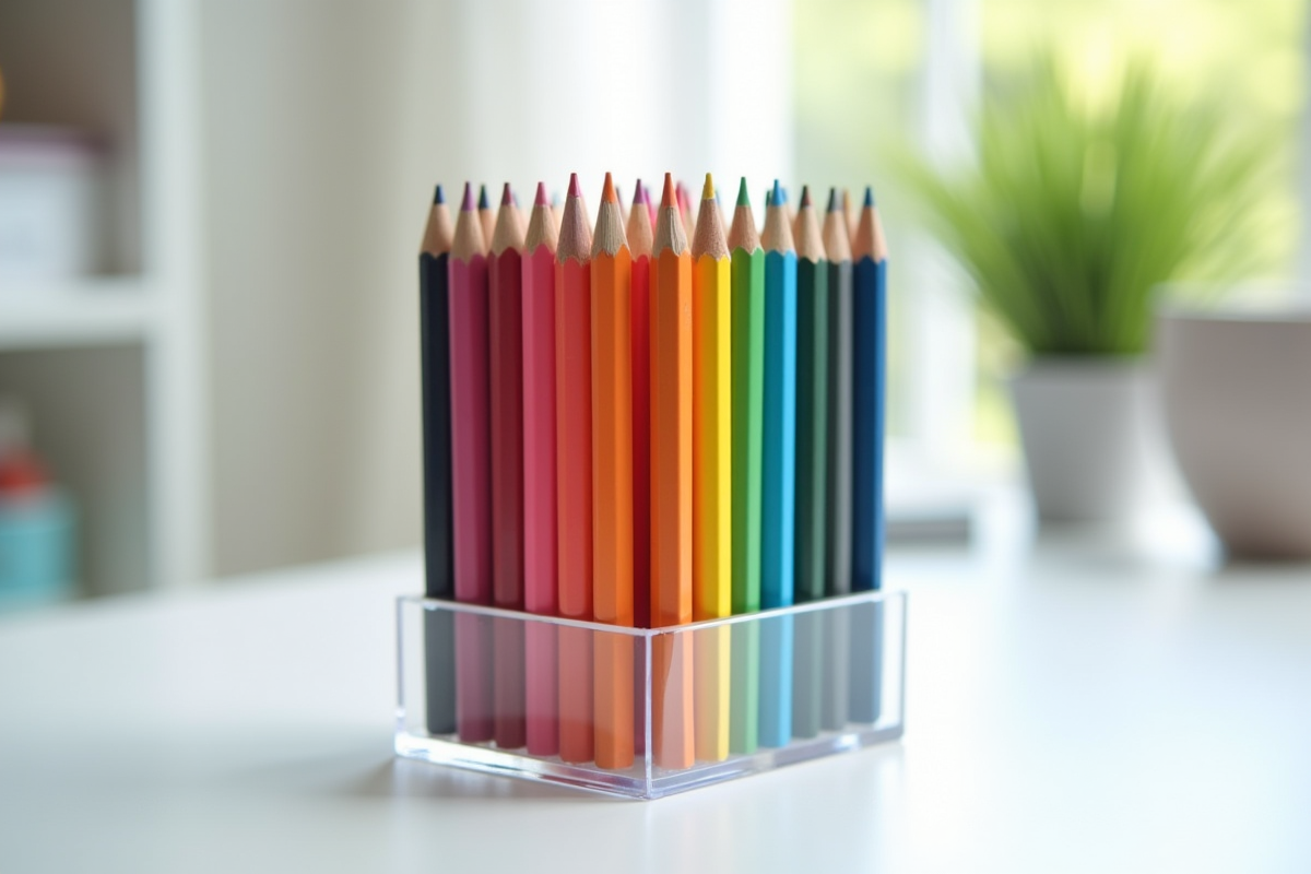 Colored pencils organized by color in clear acrylic desktop carousel