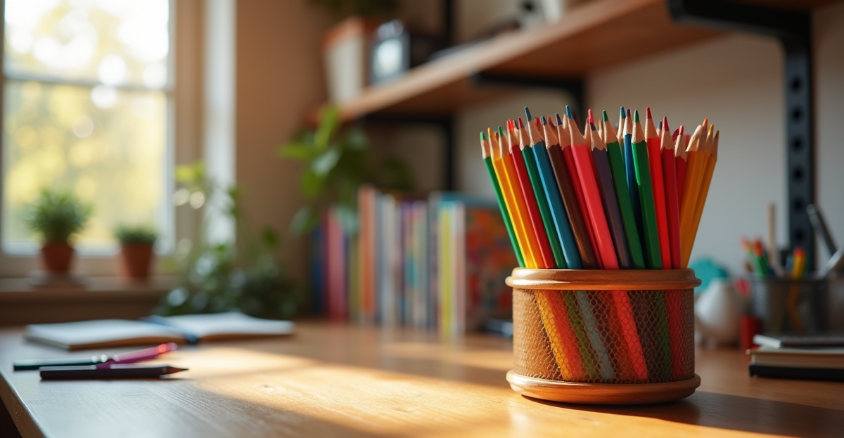 Organized coloring supplies station with colored pencils in carousel on wooden desk