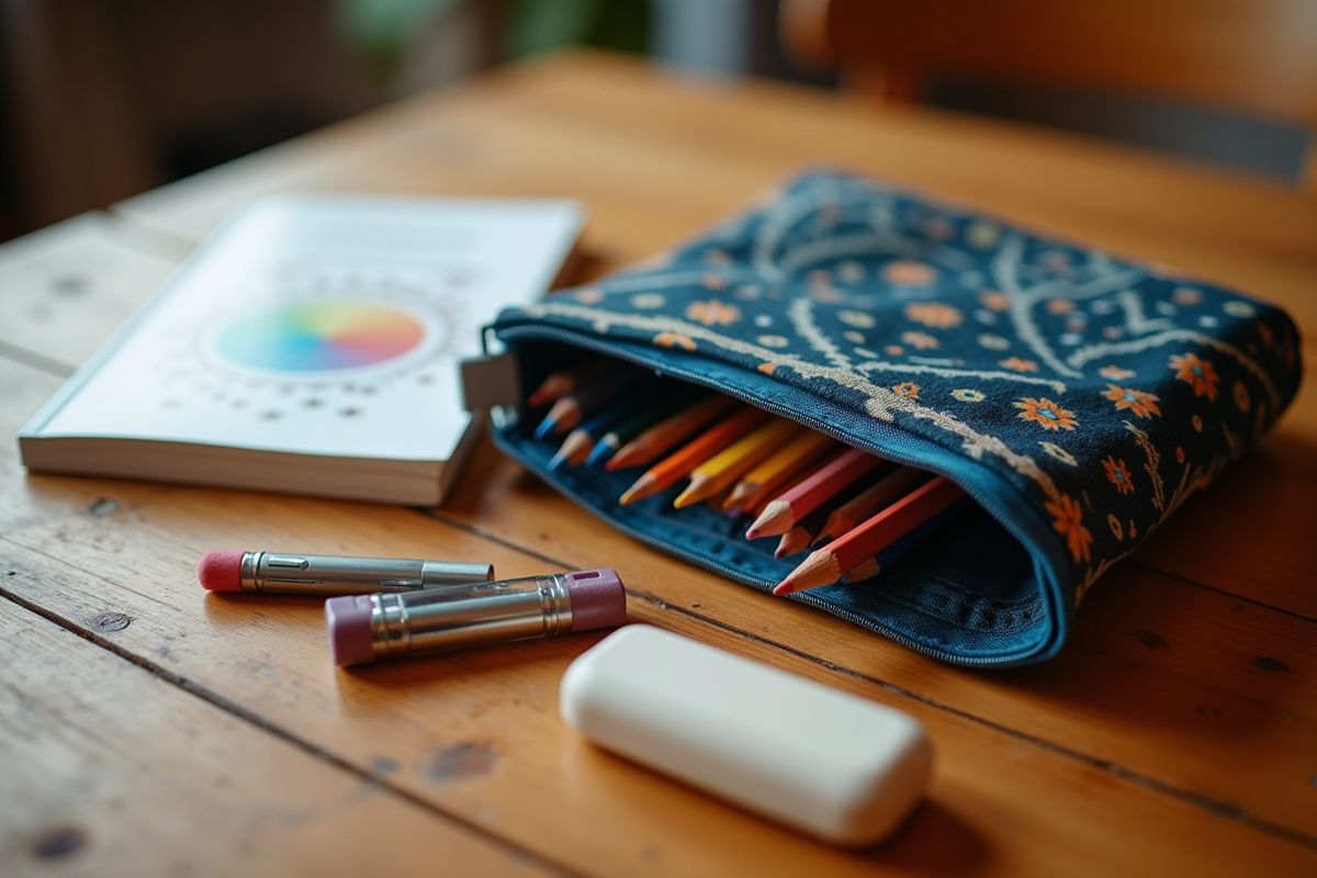 Portable coloring kit with pencils, book, sharpener and eraser in carrying pouch
