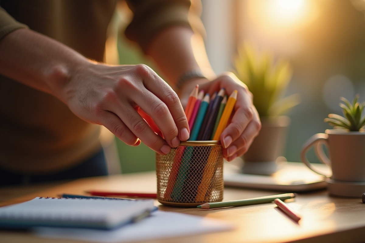 Hands sorting colored pencils into a desk organizer on a warm creative workspace