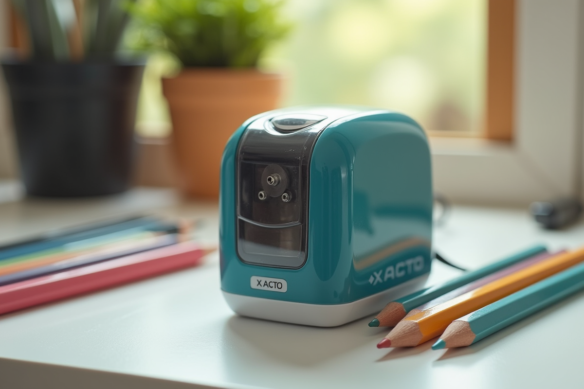 Electric pencil sharpener sharpening colored pencils on white desk