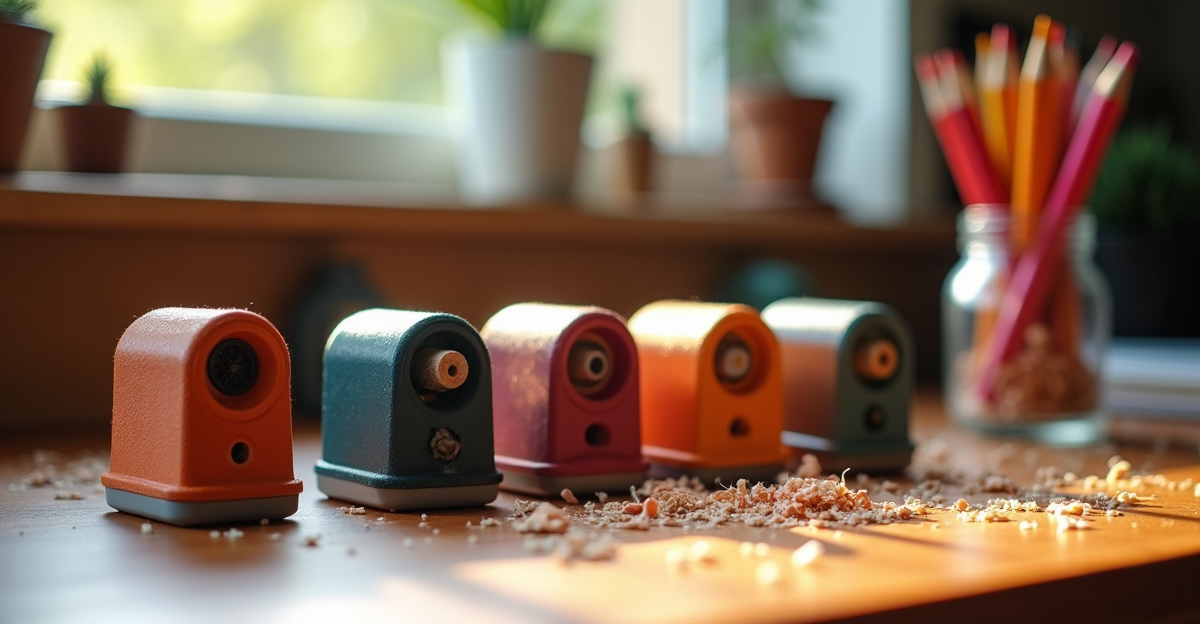 Collection of colored pencil sharpeners arranged on a wooden desk with pencil shavings