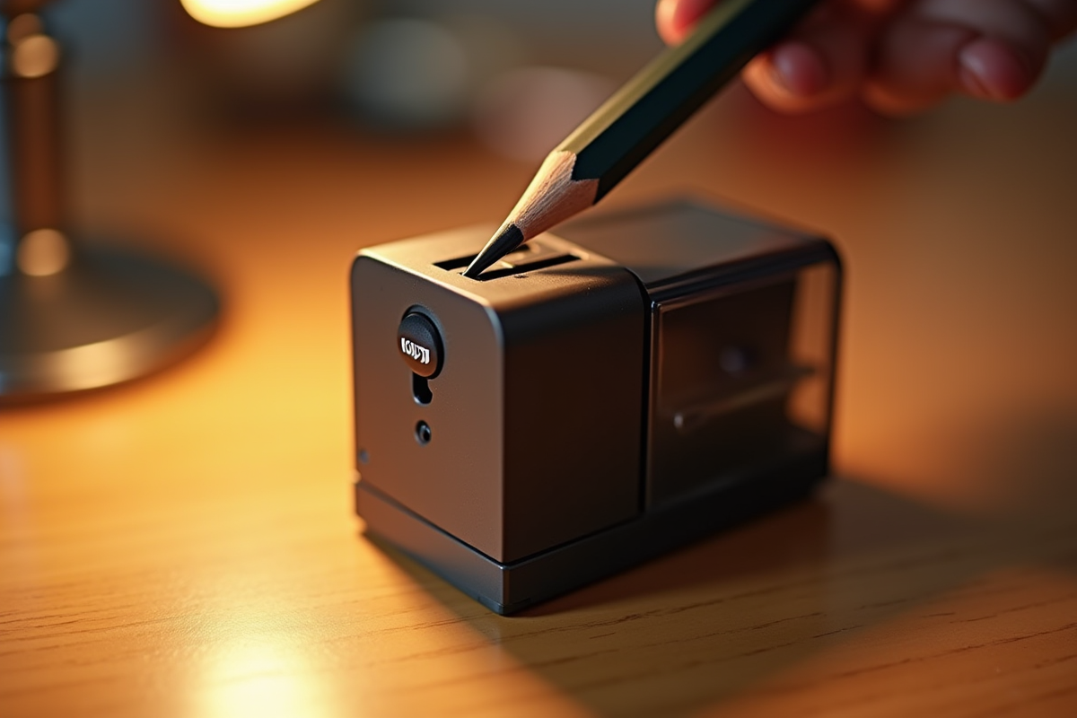 Kum Automatic Long Point sharpener with a perfectly sharpened colored pencil