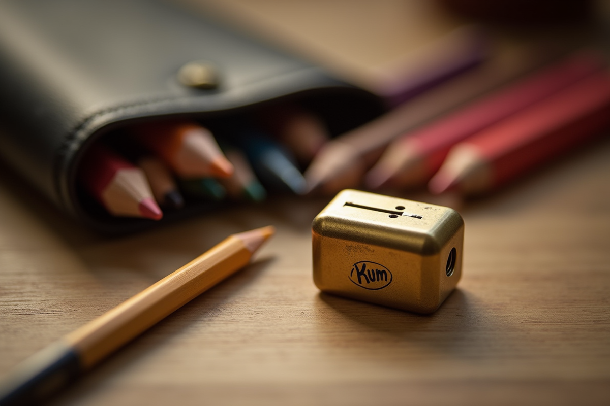 Compact travel pencil sharpener with colored pencils in art supply case