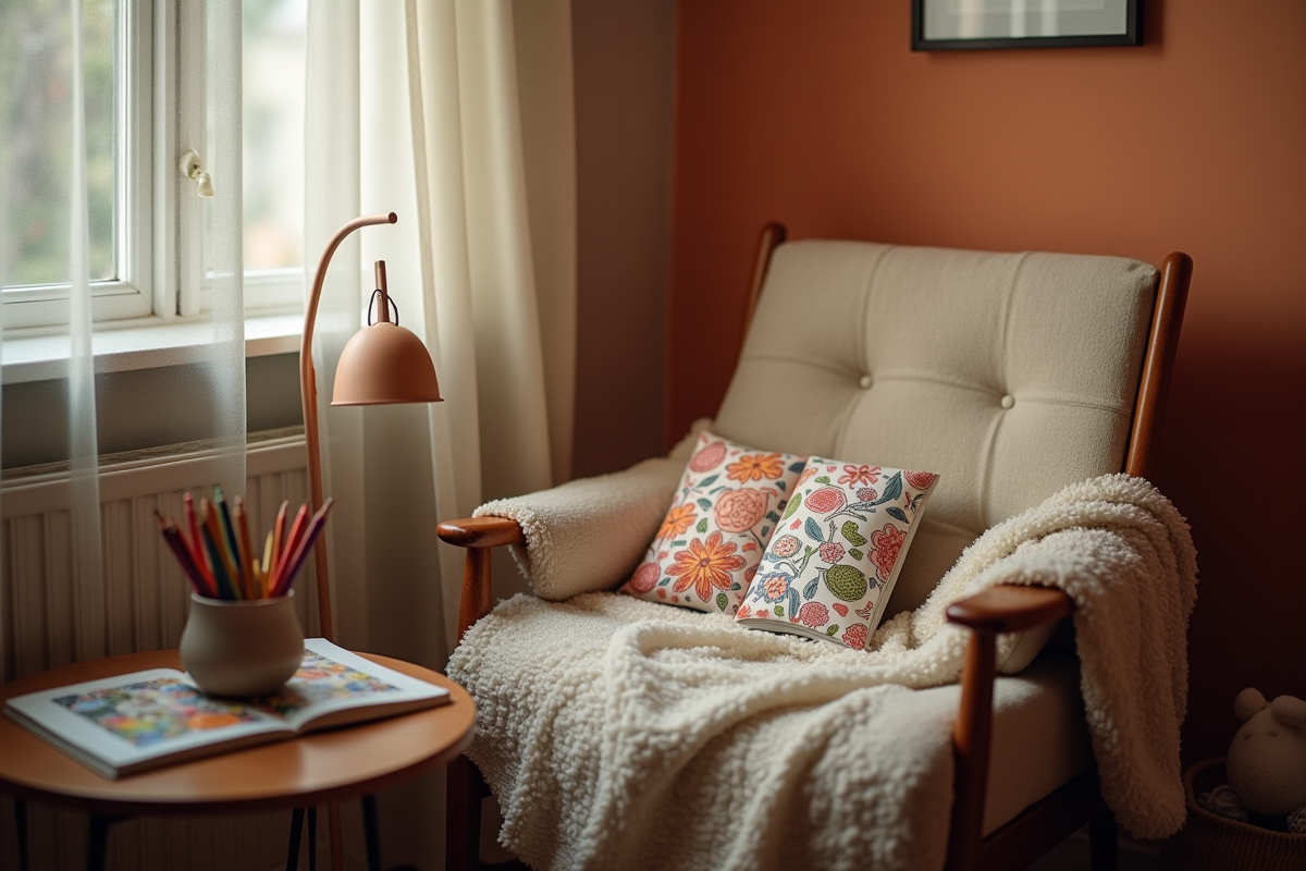 Cozy corner with cushioned chair, coloring book and colored pencils on side table
