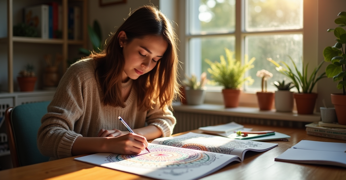 Woman peacefully coloring a mandala at a wooden desk with warm afternoon light