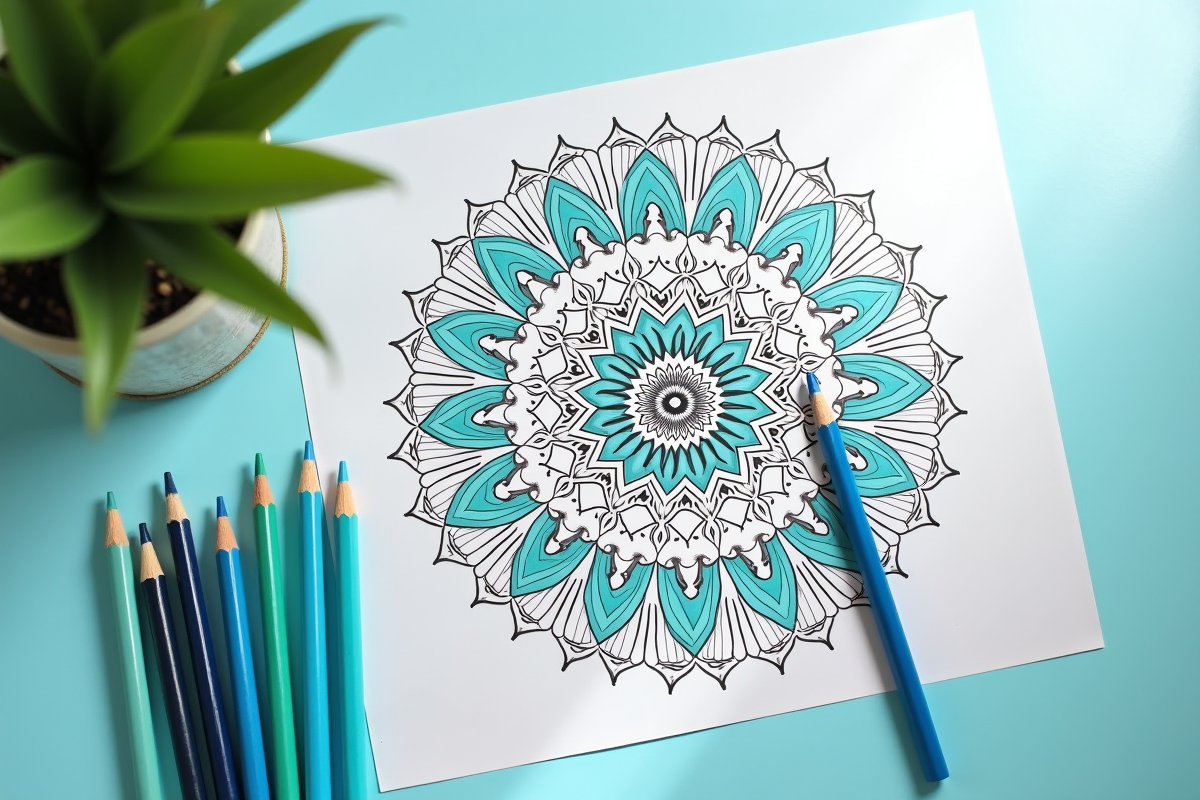 Partially completed mandala coloring page with cool blue and green colored pencils