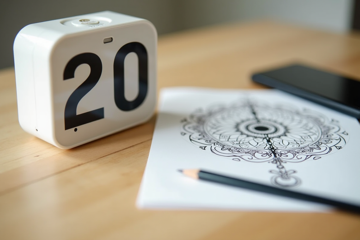 Timer set to 20 minutes next to coloring book and pencils on wooden table