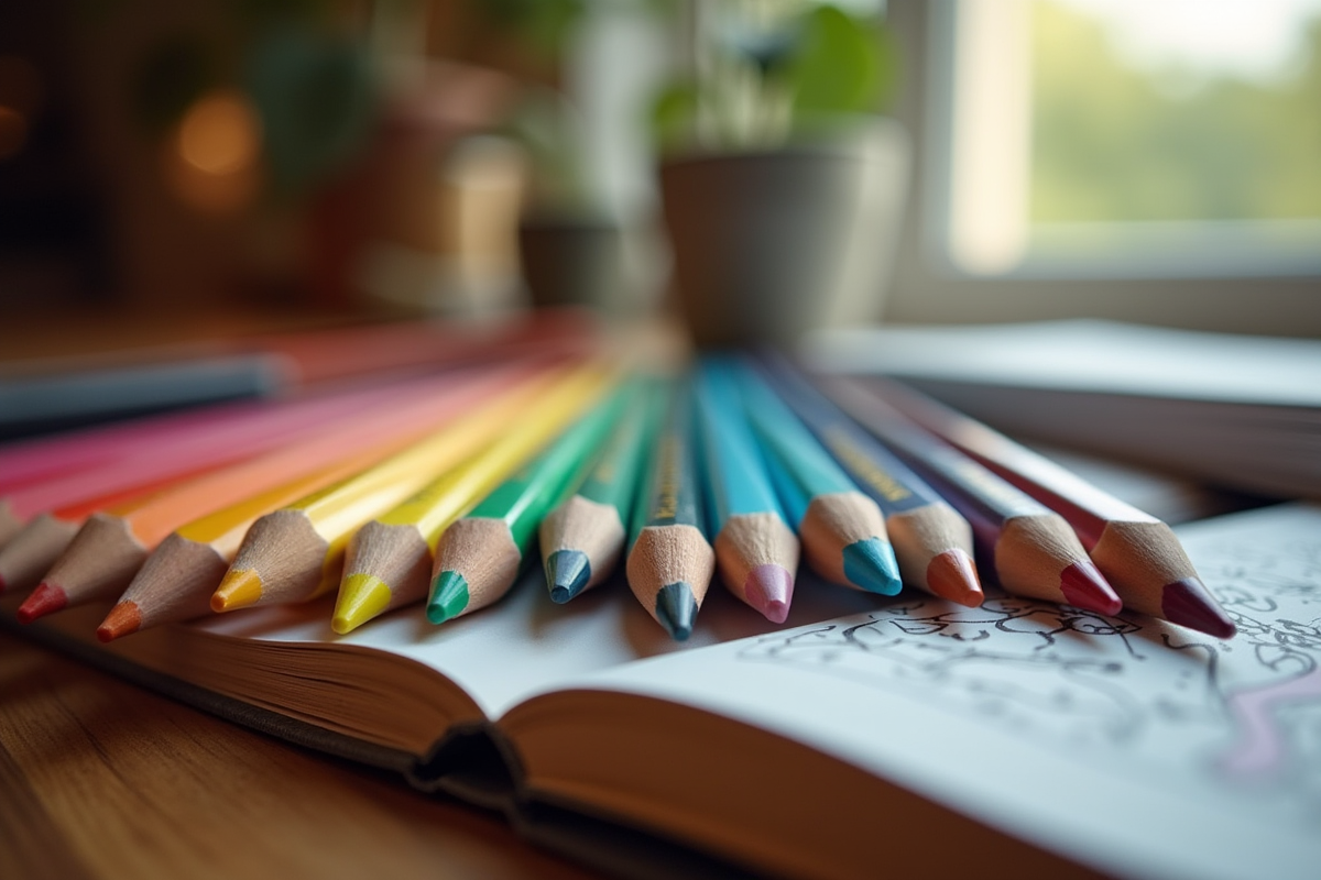 Prismacolor colored pencils arranged in a rainbow gradient on a wooden lap desk