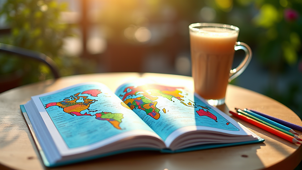 Tropical world coloring book open on a cafe terrace with iced coffee and colored pencils