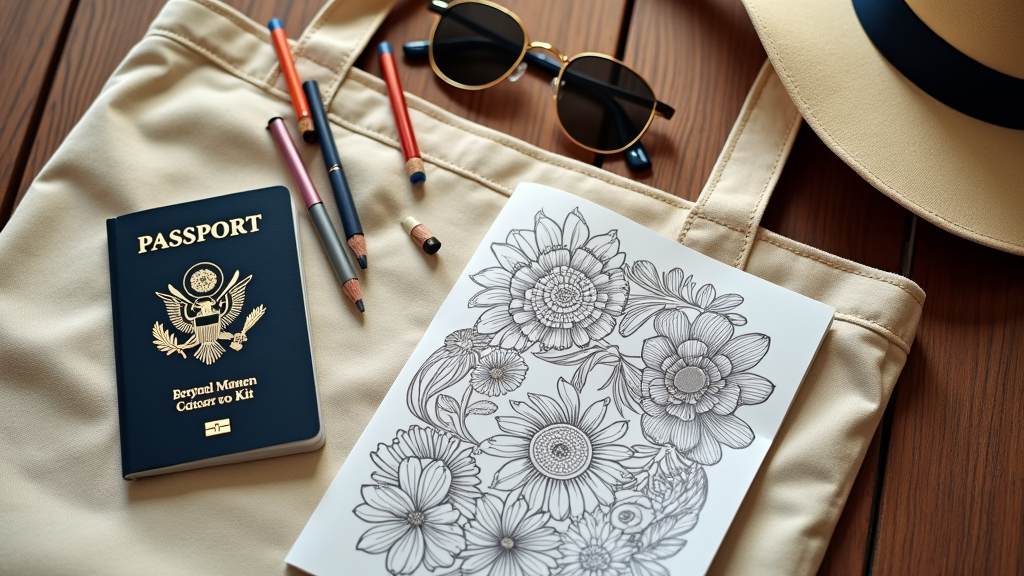 Portable coloring kit in a canvas tote bag next to passport and sunglasses