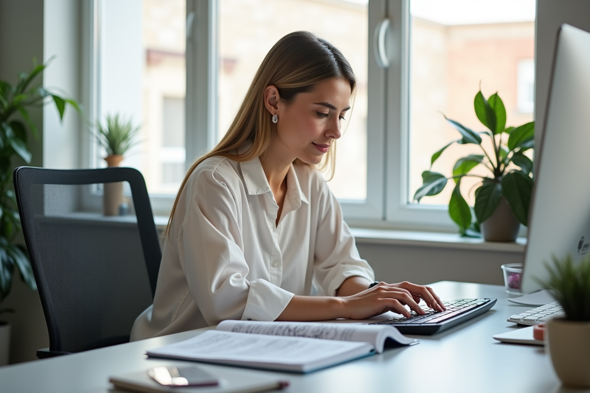 Professional woman at desk with coloring book beside keyboard