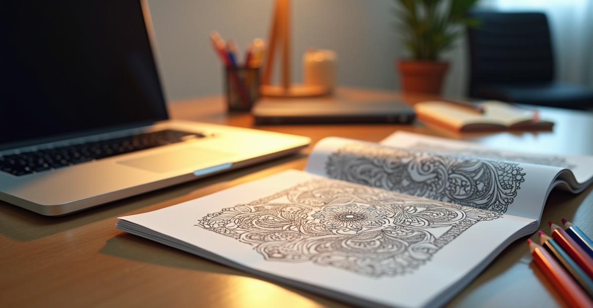 Coloring book and colored pencils on office desk next to laptop