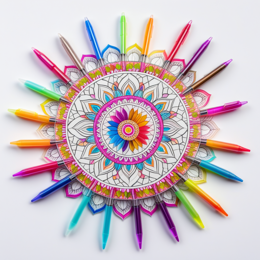 Colorful gel pens on adult coloring book mandala