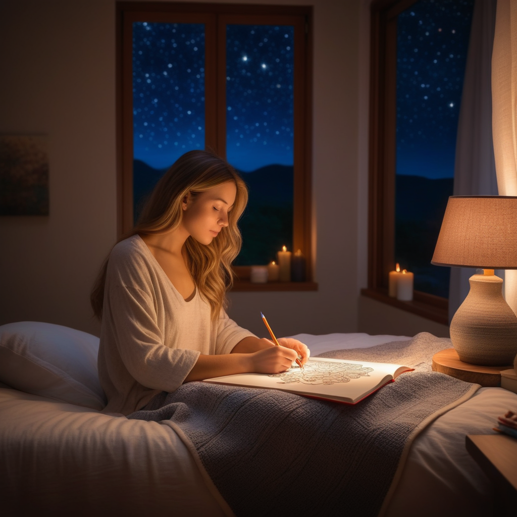 Woman coloring in bed before sleep with warm lamp