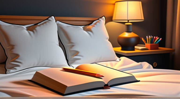 Open coloring book on bed with warm bedside light