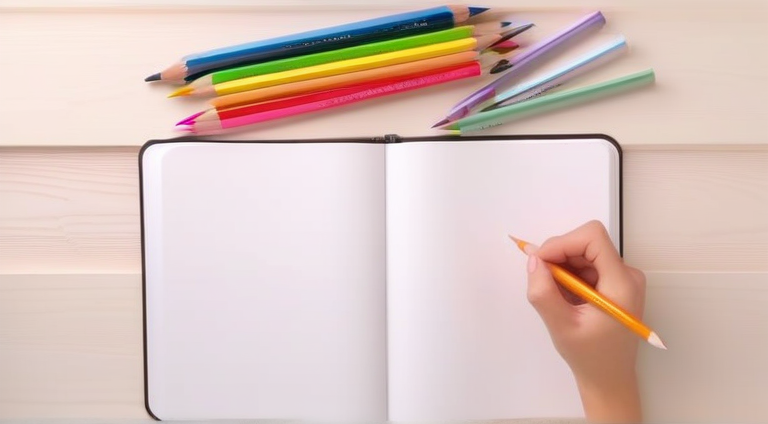 Beginner coloring setup with colored pencils and simple book