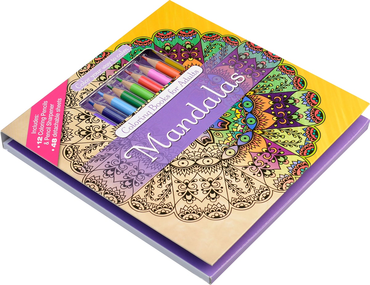 Open coloring book showing a partially colored mandala with blue green and purple pencils